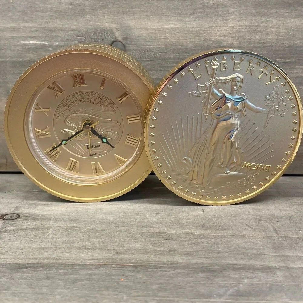 Vintage Walking Liberty Giant Coin Clock Retro Gold Tone Novelty Decor 4